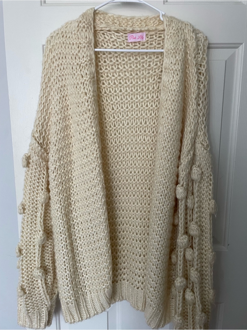 Pink Lily Cream Pom-Pom Open Front Knit Cardigan